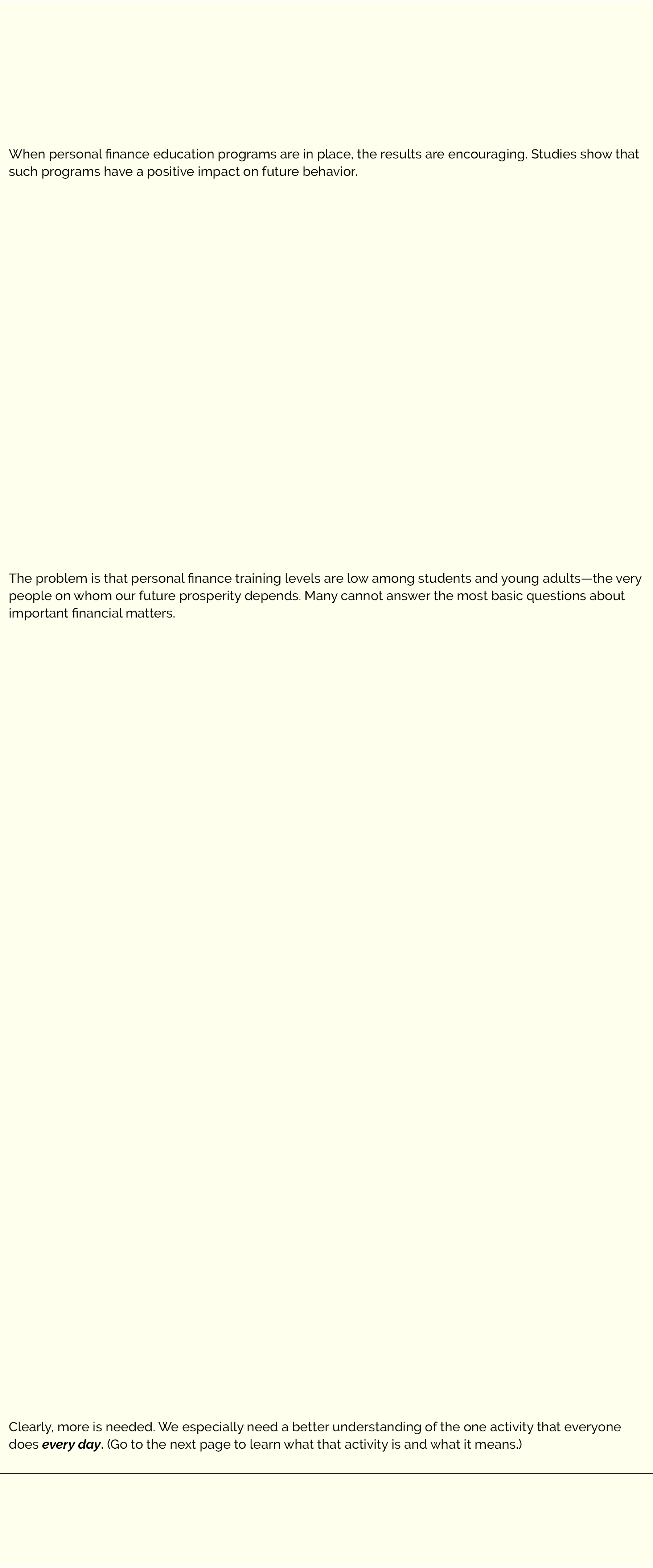   When personal finance education programs are in place, the results are encouraging. Studies show that such program...